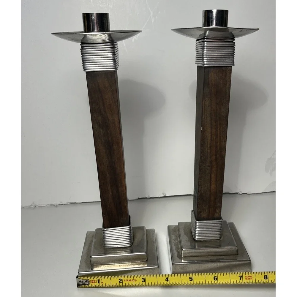 Vintage Set MCM Wood and Chrome Candle Holders